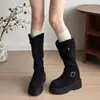 Botas altas para mujer petite con suelas gruesas, diseño interior para aumentar altura, estilo de caña alta, hebilla de cinturón de otoño, botas altas versátiles y adelgazantes