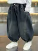 Ropa de Invierno para Niños Etiqueta en Bolsillo Trasero Más Terciopelo Jeans Estilo Coreano Mono Infantil de Terciopelo Pantalones Anchos Tipo Linterna Pantalones de Bebé