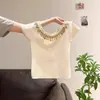Top de tricô com franjas de lantejoulas, manga curta, ombro a ombro, inspirado em design, para mulheres, top de verão super bonito
