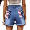 Ropa de Mujer Transfronteriza Europea y Americana Amazon Nuevo Estampado de Bandera Americana Agujeros Desgastados de un Solo Botón Pantalones Cortos de Mezclilla Moda para Mujer