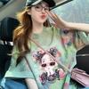 [Algodón/Cuello trasero] Camiseta holgada de algodón con diseño de tinta salpicada popular de este año, top de cuello redondo de estilo europeo y americano para mujer.