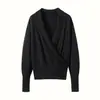 Top Envelope de Cashmere com Gola Cruzada 2026 Outono/Inverno Novo Feminino Cor Sólida Camada Base Solto Emagrecedor Suéter Quente