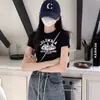 Camiseta Impresa Retro Americana para Mujer, Nuevo Estilo Verano 2026, Hombro Normal, Top Corto, Manga Corta, Negro, para Tallas Pequeñas