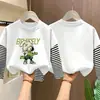Camiseta de manga larga a rayas de algodón puro para niños, camiseta básica de otoño con dibujos animados, top falso de dos piezas para niños, casual y versátil
