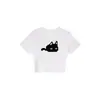 Camiseta Cinza Gola Redonda Manga Curta para Mulheres, Novo Estilo de Verão, Top com Estampa Simples de Gato Desenho Animado