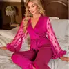 Calça Reta Cropped de Veludo Europeia e Americana com Bainha de Cetim e Renda, Pijama Sexy e Sedutor de Manga Longa com Recortes