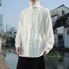 Nova camisa estilo chinês de gola alta e manga longa para jovens, cor sólida, casual, textura retrô, plissada, gola alta alta, camisa solta masculina