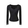 Camiseta de Manga Larga con Parches Bordados y Cuello en V Estilo Puramente Sexy, Nueva Moda de Primavera Versátil Ajustada Camisa Base Corta