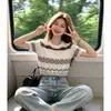 Moda feminina primavera-verão fino tricô jacquard vazado de manga curta, versátil preto tamanho único, vermelho