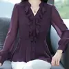 Elegante Camisa de Chiffon com Babados Estilo Francês 2026 Primavera e Outono Nova Camisa Roxa de Decote V de Alta Qualidade que Realça a Tez