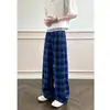 Cós de retalhos com letras estilo retrô americano, calça casual xadrez color blocking, unissex, adequada para todas as estações, modelagem solta, perna reta, calça de perna larga