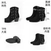 Botas de tornozelo femininas de moda europeia e americana, bico fino, salto grosso, com rebites e zíper lateral, botas estilo western cowboy emagrecedoras, atacado transfronteiriço