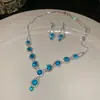 Aretes Cuadrados con Incrustaciones de Diamantes, Collar, Retro, Elegante, Exquisito, Cadena de Clavícula a la Moda, Lujo Ligero, Set de Joyería de Alta Gama