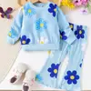 2025 Ropa Nueva Europea y Americana Transfronteriza para Niñas y Niños Conjunto de Dos Piezas Sudadera Azul con Estampado de Flores + Pantalones Venta al por Mayor
