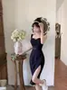 Vestido Sexy Negro de Diseño Socialité Delgado Elegante Tirantes Escotado Abertura Vestido de Noche para Reunión Anual Falda Corta para Mujeres