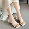 Sandalias de Tacón Medio Grueso para Mujer, Nuevo Estilo Verano 2026, Tira Única con Pedrería, Impresionantes y Adelgazantes, Perfectas para Combinar con Vestidos