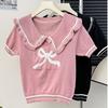 Camiseta Nicho con Sentido del Diseño de Manga Corta para Mujer Verano Dulce Caliente Cuello de Muñeca Retro Americano Chica Caliente Reductor de Edad Top de Punto Trendy