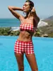 Bikini Transfronterizo Estilo Europeo y Americano, Cuadros Retro, Top de Tubo Sexy, Corte Cuadrado Conservador, Estilo Chica Pura Deseo, Traje de Baño para Vacaciones para Busto Pequeño