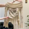 Principios de otoño, increíblemente hermoso, dobladillo con volantes, tie-dye, camiseta de manga larga de un solo hombro para mujer, mangas acampanadas elegantes, top básico