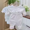 Estilo Outono e Inverno 33338 Algodão Puro Painel Grande Manga Longa Cintura Reta Classe A Sem Ossos Separado Roupas de Outono para Bebê Conjunto de Calça e Roupa Íntima de Outono