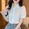Camisa de Manga Corta Bordada Estilo Coreano para Mujer, Mangas Abullonadas Populares, Cuello de Muñeca, Top Francés Moderno, Nicho Ligero y Sofisticado