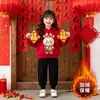 Conjunto festivo lindo de Año Nuevo Rojo para Niños y Niñas en Otoño e Invierno, Conjunto de Sudadera con Capucha Estilo Chino, Conjunto de Dos Piezas Forrado de Felpa