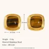 Brincos Quadrados de Jade Preto Texturizado Europeus e Americanos Transfronteiriços Banhados a Ouro 18K Aço Inoxidável Brincos Geométricos Franceses Elegantes Retrô para Mulheres