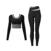 Conjunto de Yoga con Bloques de Color y Costuras para Mujer Manga Larga con Almohadillas en el Pecho Pantalones de Yoga de Cintura Alta Cubre Imperfecciones Muestra Piernas Delgadas Conjunto Deportivo de Fitness