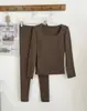 Conjunto básico de punto acanalado térmico para mujer con cuello en U, suave y agradable para la piel, corte ajustado, camiseta de manga larga y leggings elásticos para otoño