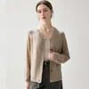 Cárdigan de Cachemira Tejido de Punto Trenzado Estilo Old Money para Mujer, Color Sólido, Cuello Redondo, Chaqueta de Punto con Botones, Suéter Base Versátil Holgado