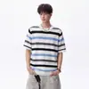 Camiseta de punto a rayas color block estilo americano para hombre, otoño estilo old money casual de manga corta marca de moda top juvenil