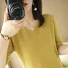 Camiseta de Punto de Manga Corta para Mujer 2022 Verano Nueva Llegada Moda Camiseta de Media Manga Estilosa Adelgazante Moda Escote en V Top Básico