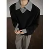 Estilo Old Money Suéter Falso Duas Peças Masculino Inverno Espessado Aquecimento Juventude Tendência de Alta Qualidade Marca Manga Longa Gola Polo Tricô