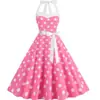 Vestido de Verano Rosa Serie C Barbie para Mujer Estilo Vintage de los Años 50 Hepburn Cuello Halter Estampado Cintura de Corbata Falda Amplia