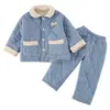 Pijama Infantil Inverno Engrossado Quente Forrado com Fleece Bebê Conjunto de Roupa de Casa Infantil Acolchoado de Três Camadas para Meninos e Meninas
