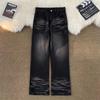 Jeans Personalizados Preto e Cinza para Homens, Corte Relaxado, Americano Retrô High Street Perna Reta Emagrecedor Calças Masculinas de Moda de Rua