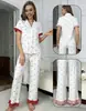 2027 Nuevo Conjunto de Pijama con Estampado de Corazón de Comercio Exterior para Mujer Dulce Solapa de Encaje Pantalón Largo Ropa de Casa Conjunto de Dos Piezas