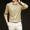 Camisa masculina de manga longa em seda não amoreira com carcela oculta de alta qualidade, para outono, roupa formal, camisa de seda gelada sem costura, cardigã de manga curta