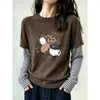 Camiseta de Manga Larga de Algodón Puro con Rayas Patchwork Falso de Dos Piezas Color Café Hombro Normal Estilo Coreano Reductora de Edad Adelgazante Top de Sensación de Alta Gama para Mujer