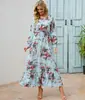 Vestido floral europeu e americano longo de gola redonda com mangas compridas para afinar a cintura
