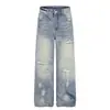 Pantalones vaqueros rectos lavados con efecto degradado para hombre, pantalones de papá de moda, pantalones holgados de pierna ancha retro punk desgastados