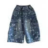 Nuevos pantalones cargo de pierna ancha de moda 2026 con estampado de estrellas para niños y niñas, moda de otoño, versátiles, estilo coreano, aspecto desgastado