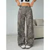 Pantalones Casuales de Leopardo Lavado Nuevo para Comercio Exterior Transfronterizo 2024 para Mujer Estilo Callejero Rectos Sueltos Adelgazantes de Pierna Ancha