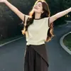 Top Casual Veraniego para Mujer de Manga Corta, Tejido de Canalé en Contraste, Corte Holgado, Cuello Redondo, Adelgazante, Botones Laterales, Seda Helada