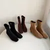 Botines de gamuza elástica para mujer estilo coreano ajustados, nuevos para otoño e invierno, de punta cuadrada, con cremallera lateral, tacón medio, color liso, botines cortos elásticos