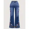 Pantalones acampanados de mezclilla azul oscuro, vintage, bordados, de tiro medio, largos hasta el suelo, para mujer, para todas las estaciones, transfronterizos
