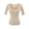 Camiseta de Manga Tres Cuartos con Cuello en U para Mujer, Nuevo Estilo Verano 2026, Corte Ajustado, Elegante Top de Manga Tres Cuartos