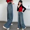 Calça jeans reta para meninas, novo estilo primavera e outono 2026, calça para meninas mais velhas, calça larga infantil de outono para estudantes do ensino fundamental