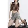 Shorts de Mezclilla Estilo Americano Chica Caliente para Mujer Verano 2025 Nuevo Estilo Pequeños de Cintura Alta Forma A Super Cortos Hot Pants