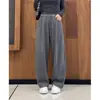 Pantalones anchos engrosados para otoño e invierno, de cintura alta, con cordón, corte holgado, efecto adelgazante, fluidos, casual, mezcla de lana gris, forrados de forro polar, pantalones de pierna curva